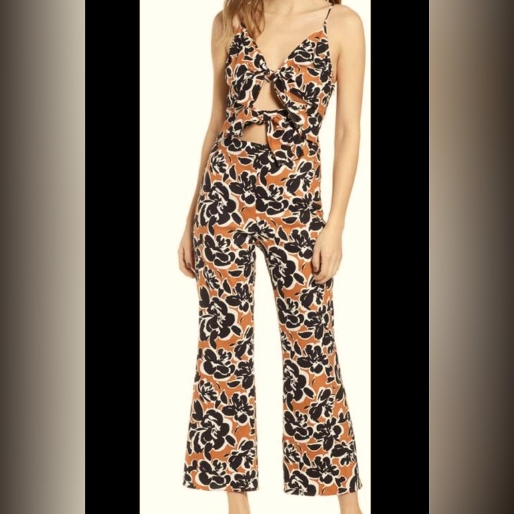 LEITH Tie-front tan adobe inverse floral jumpsuit L NWT